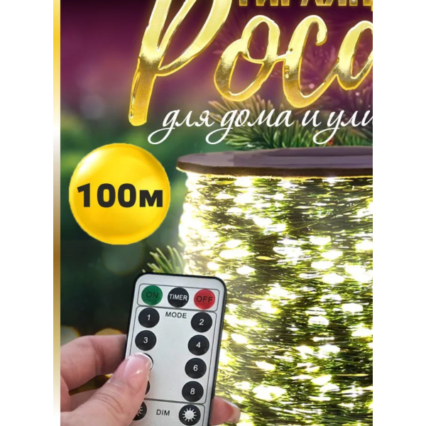62132 Гирлянда светодиодная уличная. "Нить-роса" металл. проволока 100м 1000 ламп,теплый, программатор, блок,прозрачный провод 